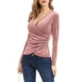 thumbnail image 5 of YEJIMAN Pink White Button Down Shirt Women, cotton V Neck T Shirts For Women, Women Deep V Neck Long Sleeve Velvet Unique Cross Wrap Slim Fit Tops, 5 of 7