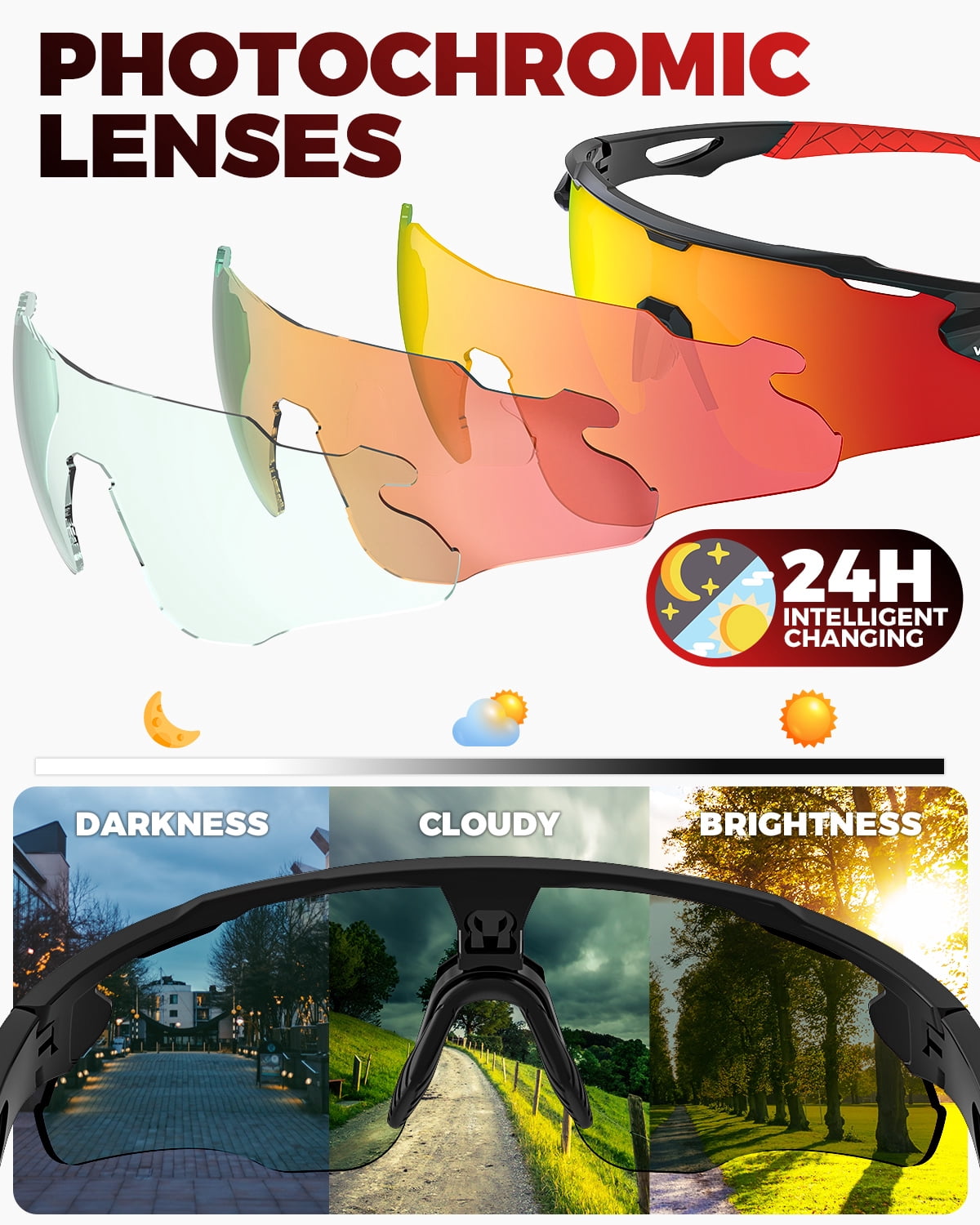 VICTGOAL Photochromic Cycling Glasses for Men Women, Clear Bike Glasses with UV400 Protection, Sports Running Sunglasses Goggles
