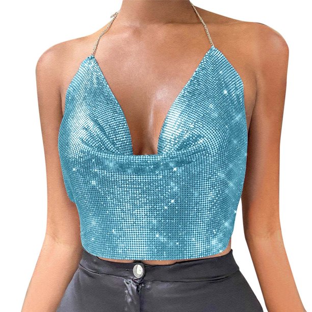 Top corto con borlas y cuentas en cadena para mujer - Camiseta sin mangas y sin espalda - Diseño vintage, mezcla de spandex - Tallas XS-L