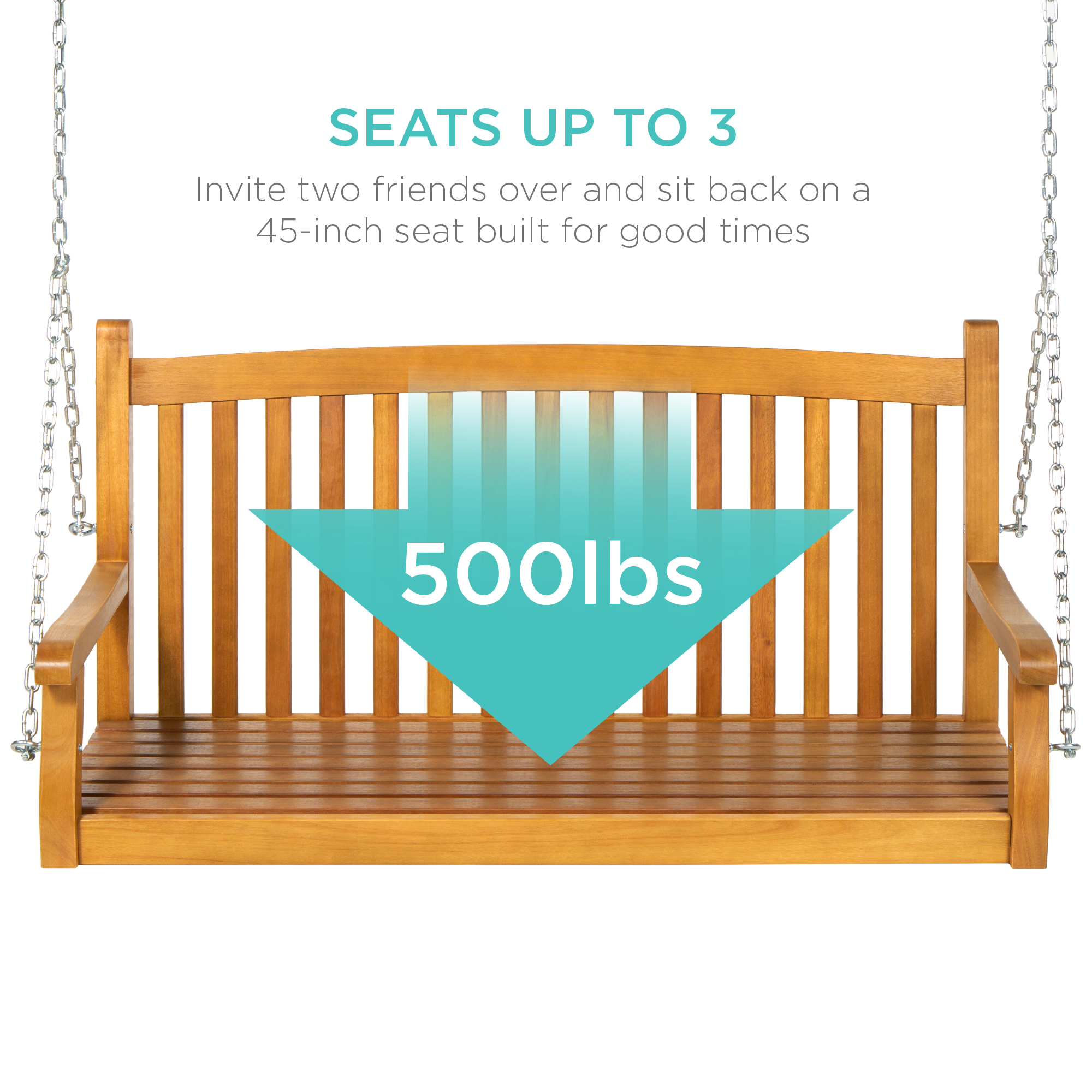Best Choice Products 48in Wood Porch Swing Outdoor Patio Hanging Bench Chair w/ Mounting Chains, 500lb Capacity - Brown