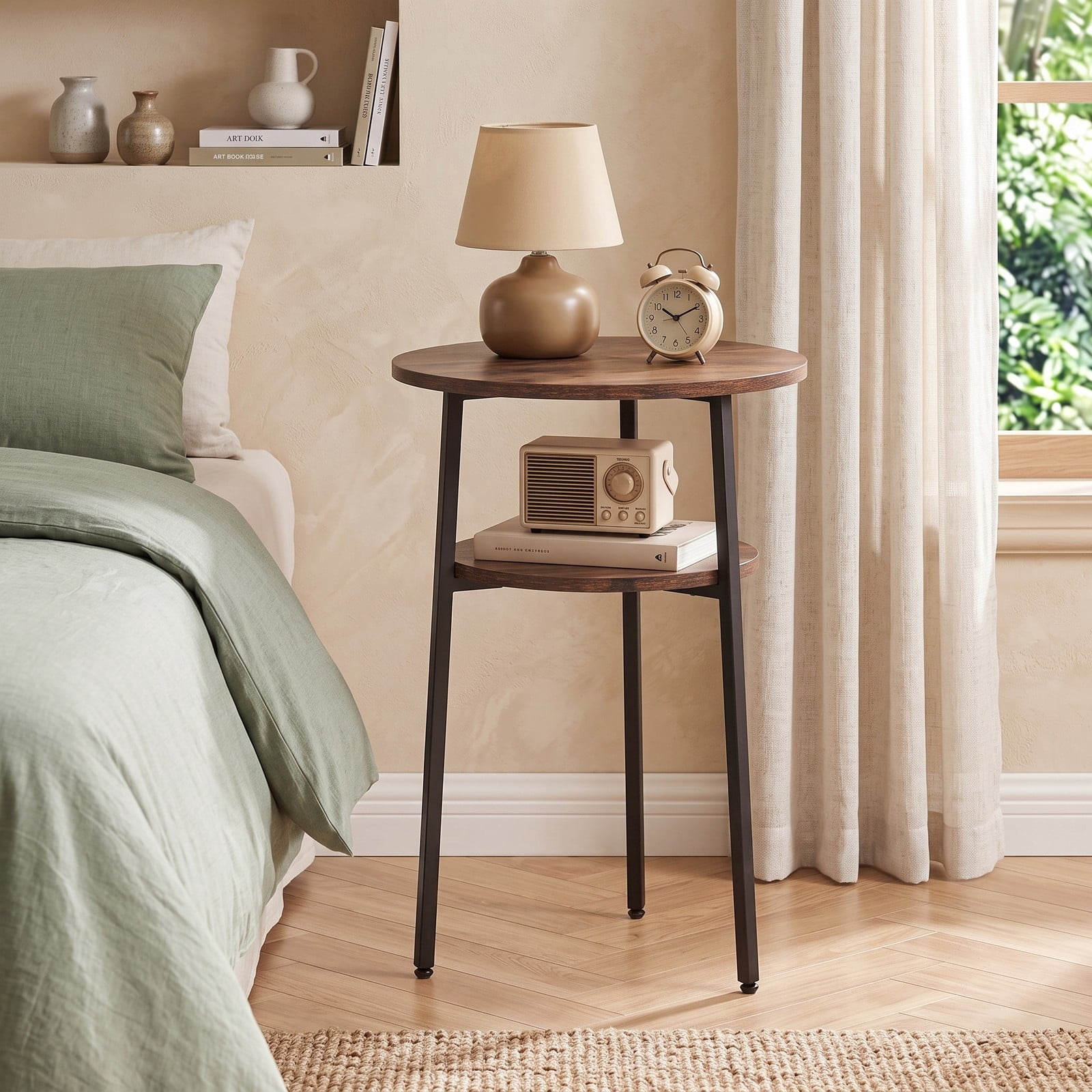 Furnibear Set of 2 Round Side Table with Storage Shelf and Metal Frame, 2-Tier Nightstand End Table for Living Room Bedroom Small Spaces, Rustic Brown