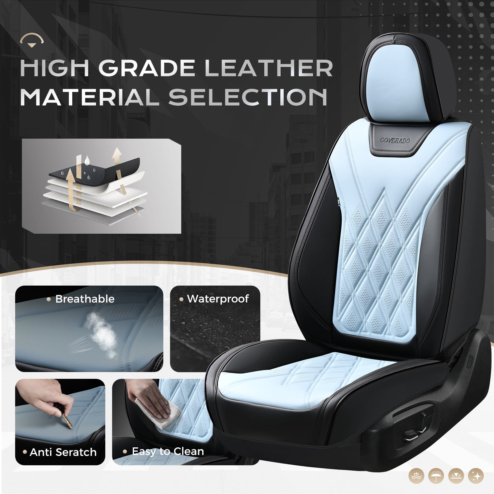 Coverado Full Set Covers For Cars, Waterproof Faux Leather Front and Rear Seat Protectors, Auto Cushions Universal Fit for Most Cars, Black&Blue