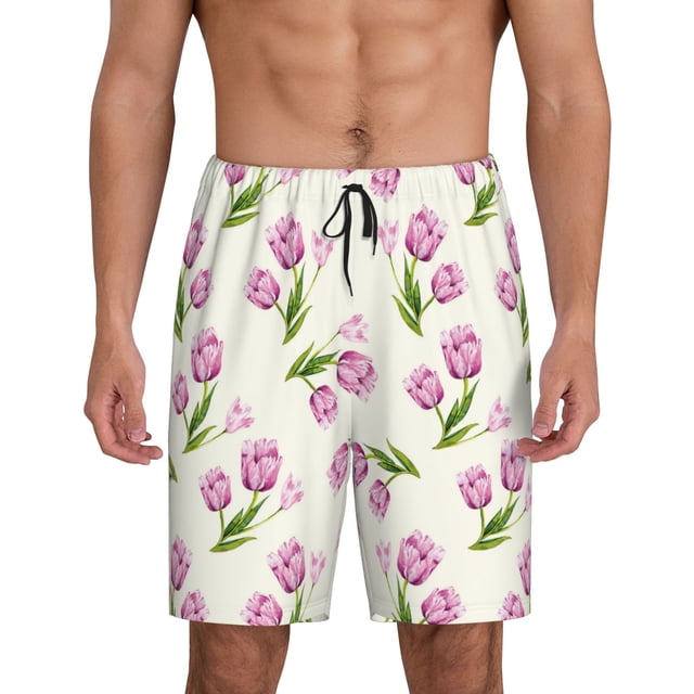 Balery Tulips Flowers Pantalones cortos de pijama de punto de algodón para hombre con cinturilla y bolsillos-Large