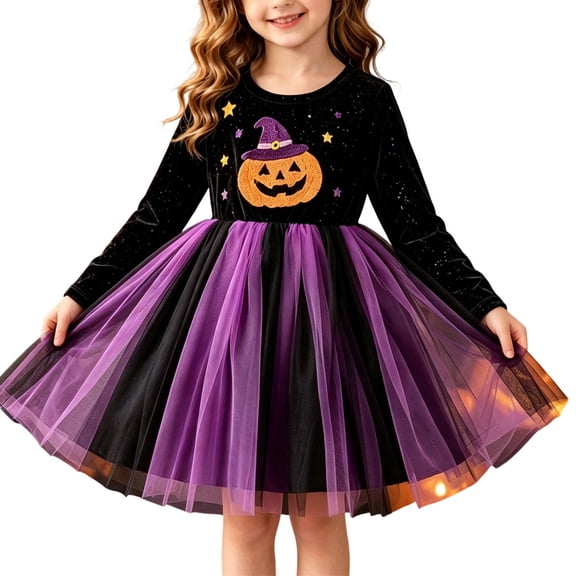 Girls Long Sleeve Pumpkin Embroidered Tutu Tulle Dresses Cosplay Costume Halloween Costumes for Girls Size 2-7 Years