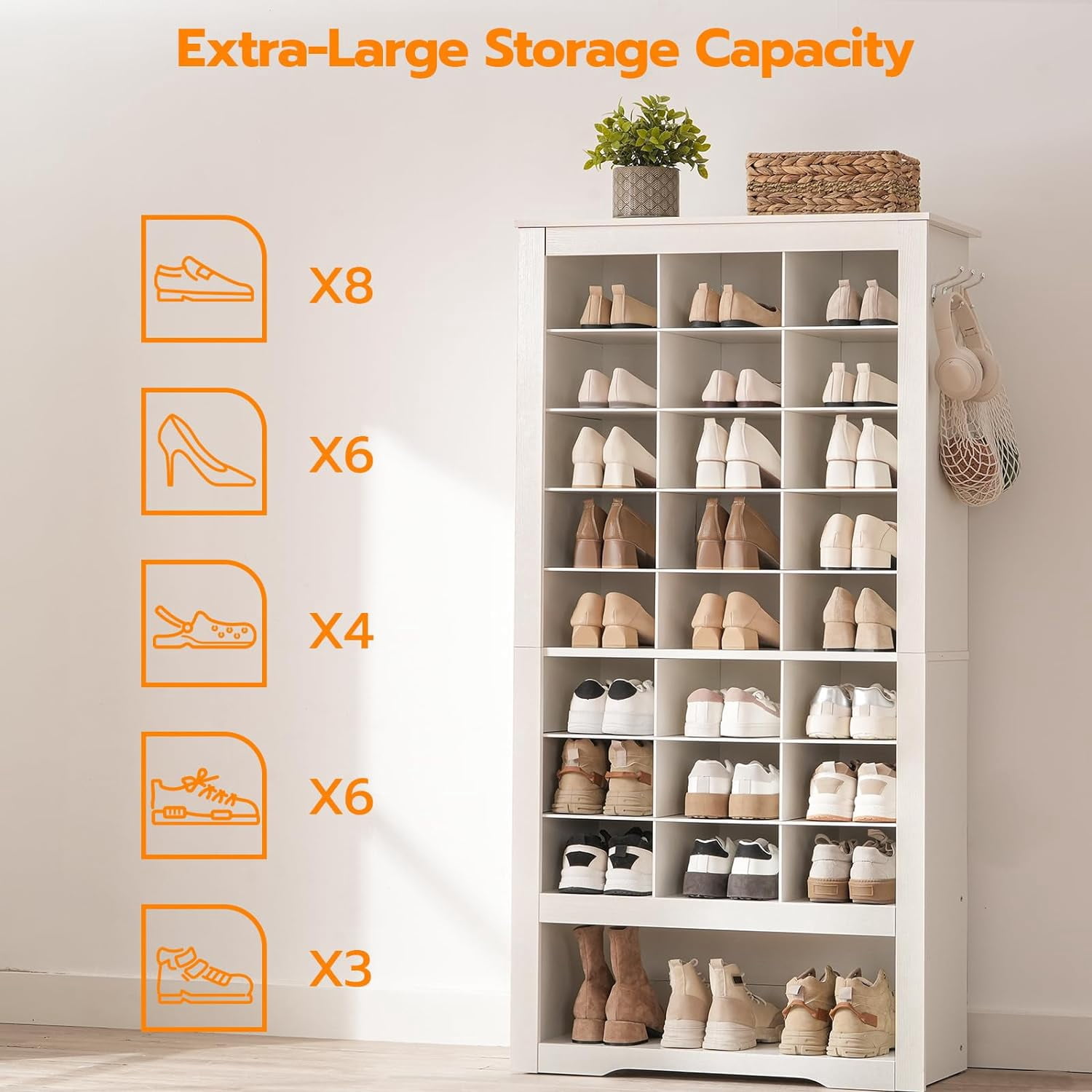 HOOBRO Heavy Duty 8-Tier Shoe Rack with 24 Cubbies & 3 Hooks, White