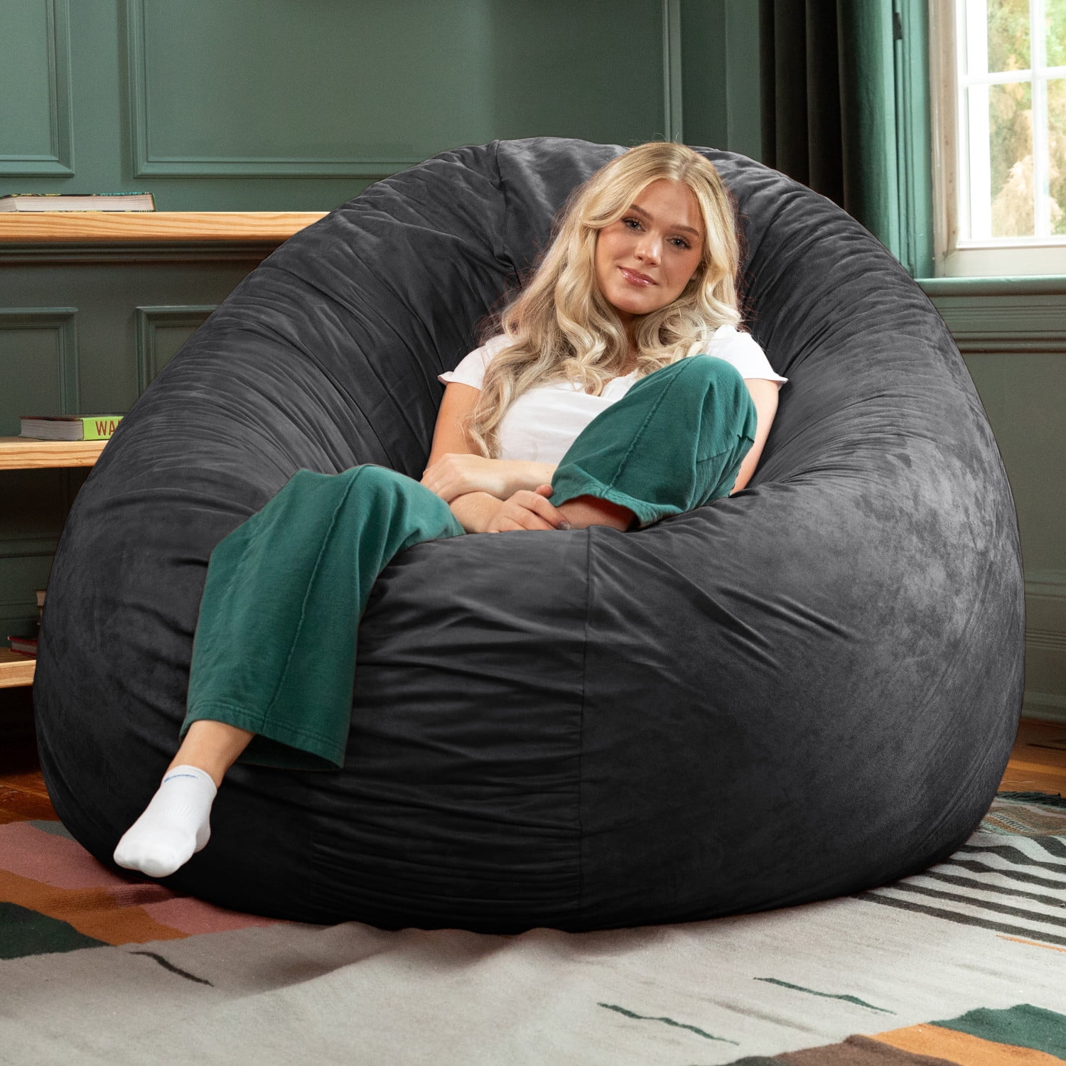 Jaxx 6-Foot Giant Bean Bag Chair, Convertible 2-in-1 Chair & Bed for Adults, Microsuede Black