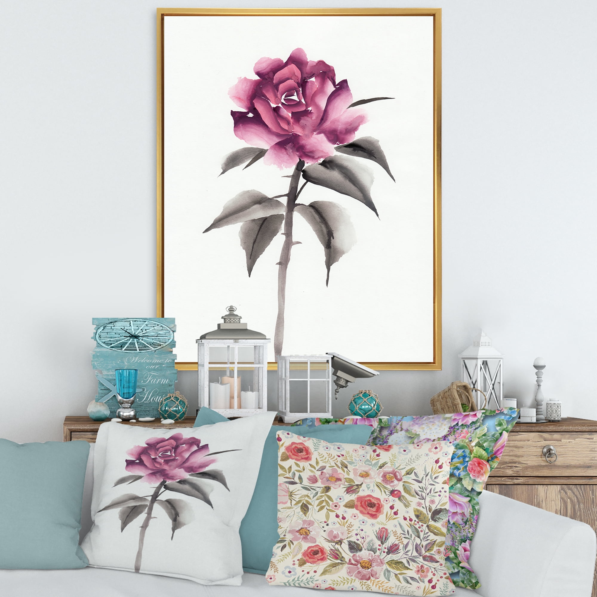 Designart 'Ancient Pink Rose Flower' Traditional Framed Canvas Wall Art Print