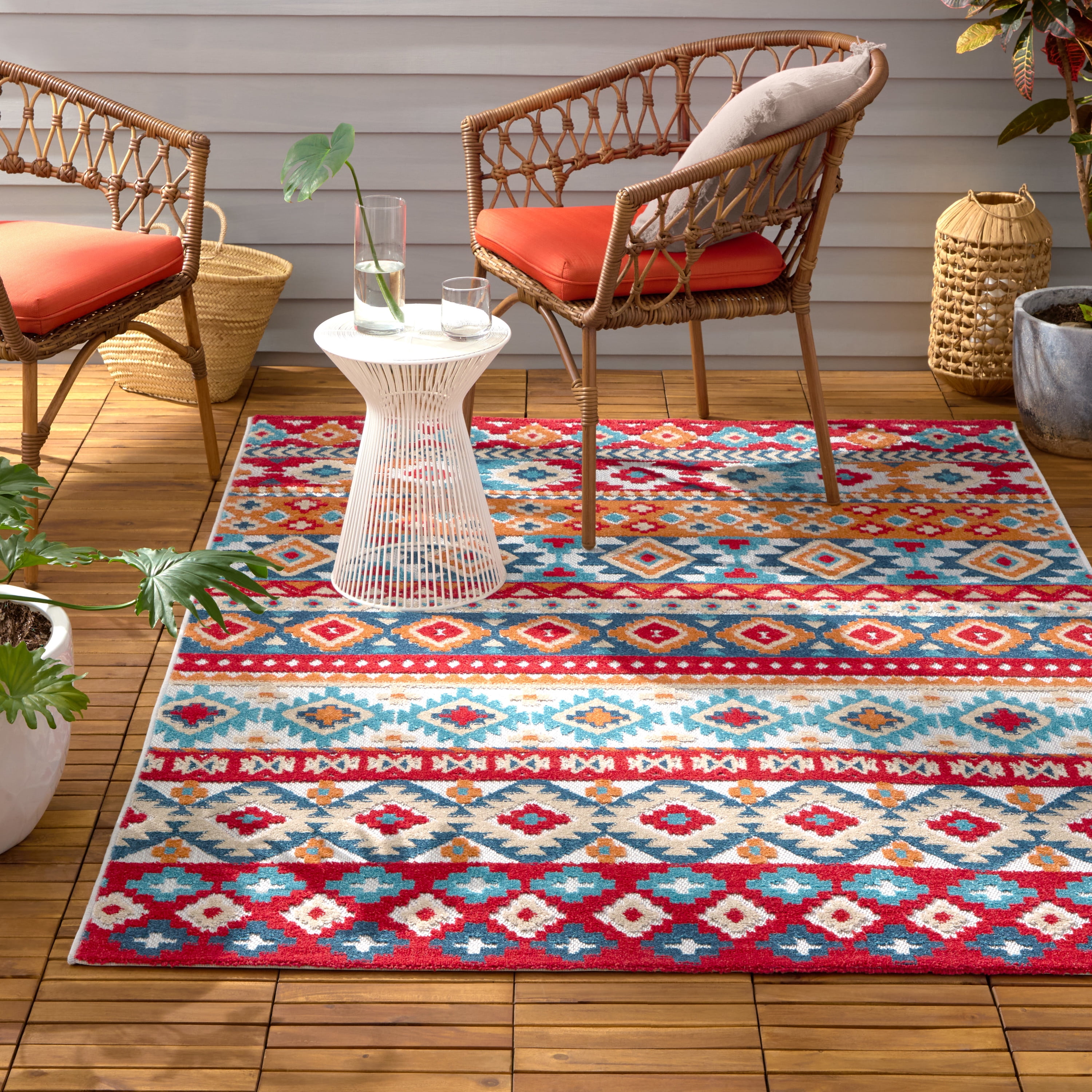 TOWN & COUNTRY EVERYDAY Dahlia Southwestern Stripe Indoor Outdoor Area Rug, UV Fade Resistant, High-Low Pile, Red/Mutli, 7'10"x10'2"