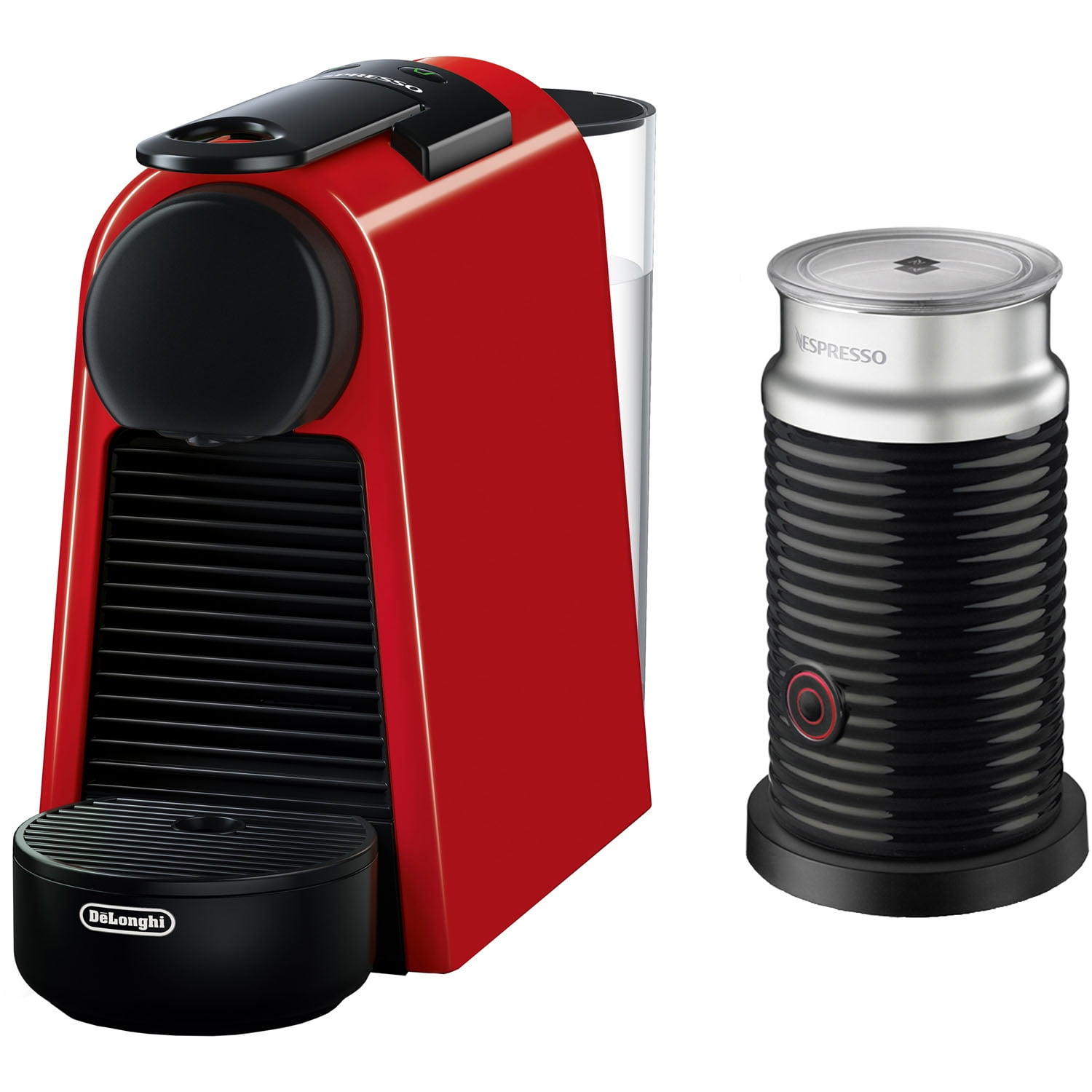 Nespresso by De'Longhi Essensa Mini Single-Serve Espresso Machine in Ruby Red and Aerocon Milk Frother in Black -