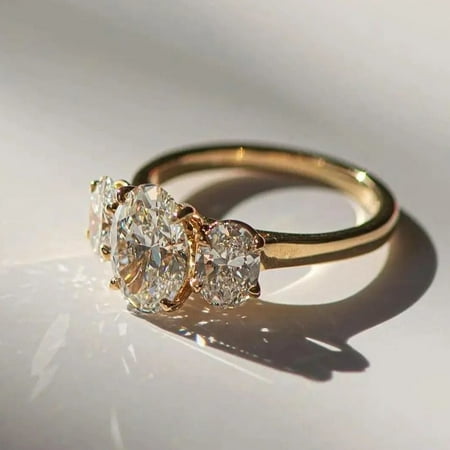 Jewelerix Three Stone Moissanite Wedding Ring Elegant 14K Yellow Gold Vermeil Proposal Ring Classic Oval Cut Engagement Gift for Women's Ring