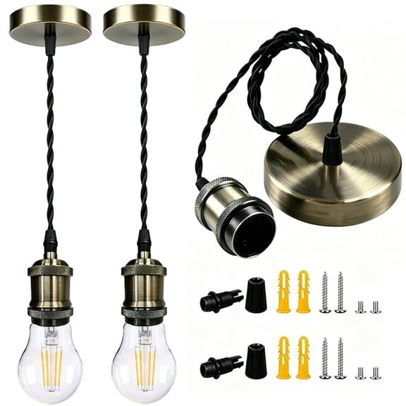 [UL Listed]Fiabtool Vintage Brass Pendant Light Kit Industrial,2PCS E26 Lamp Socket Adjustable Hanging Pendant Light, Retro Ceiling Lamp Kit for Kitchen Island Hallway