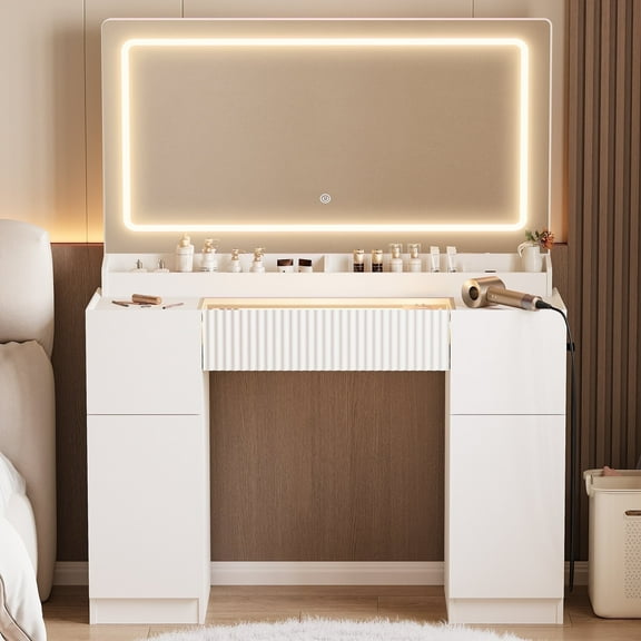 44" Vanity Desk with Mirror and Lights, Glass top Makeup Table with Fluted Storage Drawer, Cabinet,3 LED Lights Modes, Power Outlet for Bedroom