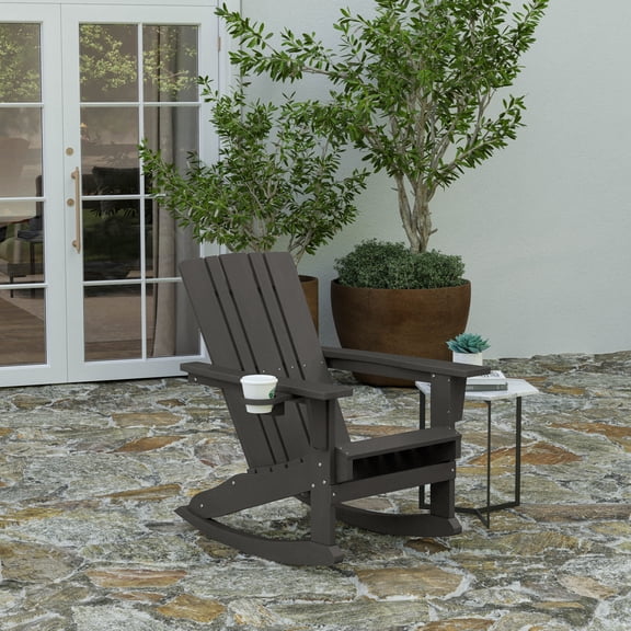 Merrick Lane Adirondack Rocking Chair with Cup Holder, Weather Resistant HDPE Adirondack Rocking Chair in Gray, Set of 2