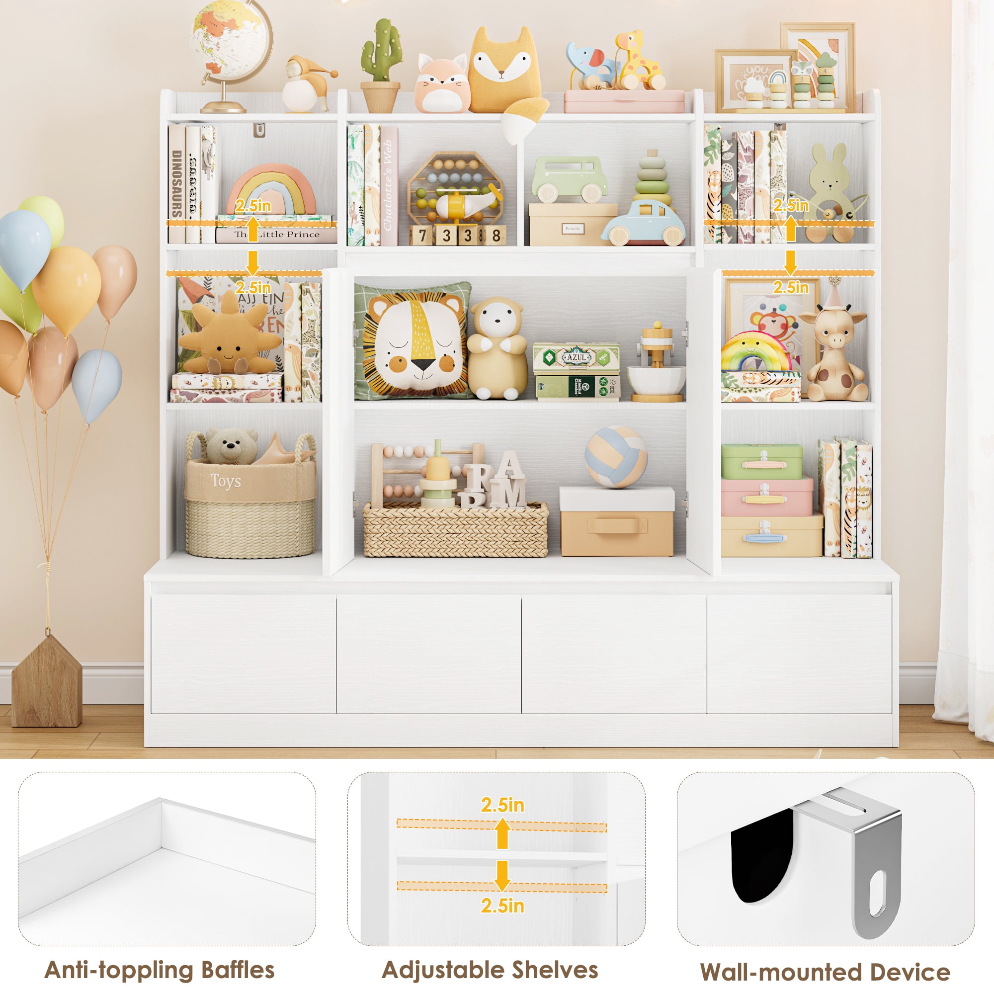 Homfa 10 Cubes Kids Toy Storage Organizer, 4 Drawers Kids Bookcase and Bookshelf with Doors & Adjustable Shelves for Playroom Kids Room, White