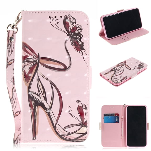 iPhone X 2017 Case, iPhone XS 2018 Case, Allytech 3D PU Leather Protective Cover & Pocket Lanyard Wallet with Cards Holder, Support Kickstand Slim Case for Apple iPhone X/ XS, Butterfly High Heels
