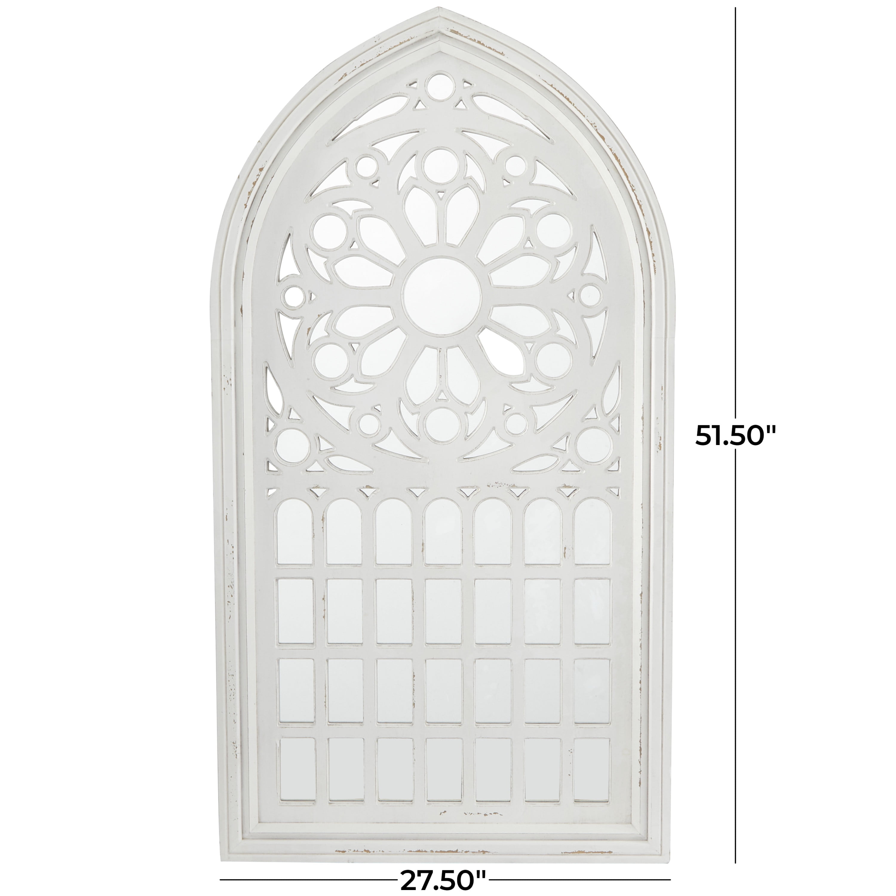 DecMode 28" x 52" White Carved Wall Mirror with Arched Window Panes