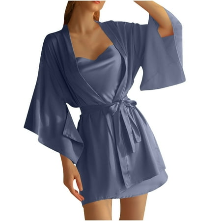 POIUYTR Satin Babydoll Nightdress for Women - Spaghetti Strap Backless Short Dress with Bathrobe Set Valentines Gift for Her  Bridal Set Accessories