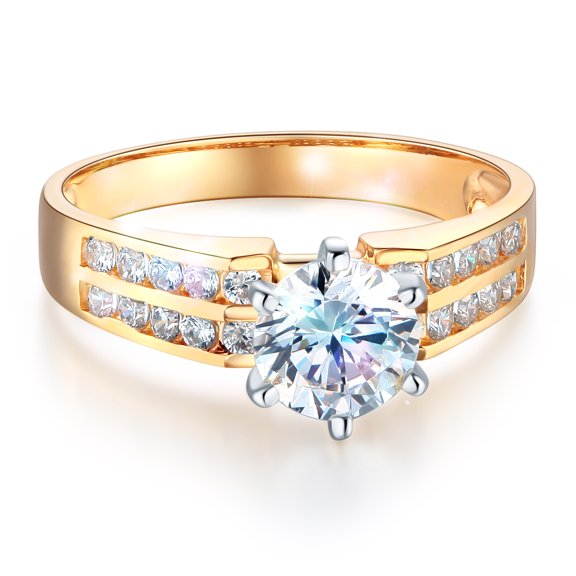 Wellingsale Ladies Solid 14k Yellow Gold Polished CZ Cubic Zirconia Round Cut Engagement Ring with Side Stones - Size 4