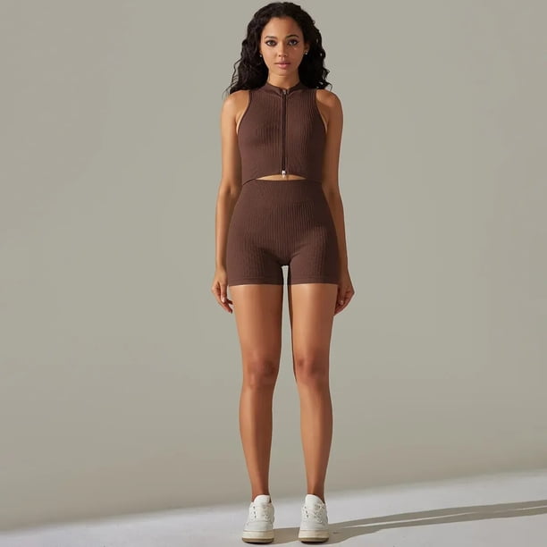 Traje corto de yoga para mujer, conjuntos de pantalones cortos sin costuras para gimnasio, chándal de realce, conjuntos de ropa de entrenamiento para mujer, ropa deportiva con cremallera