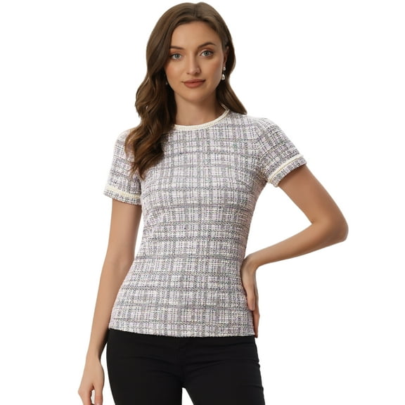 DARING DIVA Women's Round Neck Short Sleeve Tweed Top XS Apricot