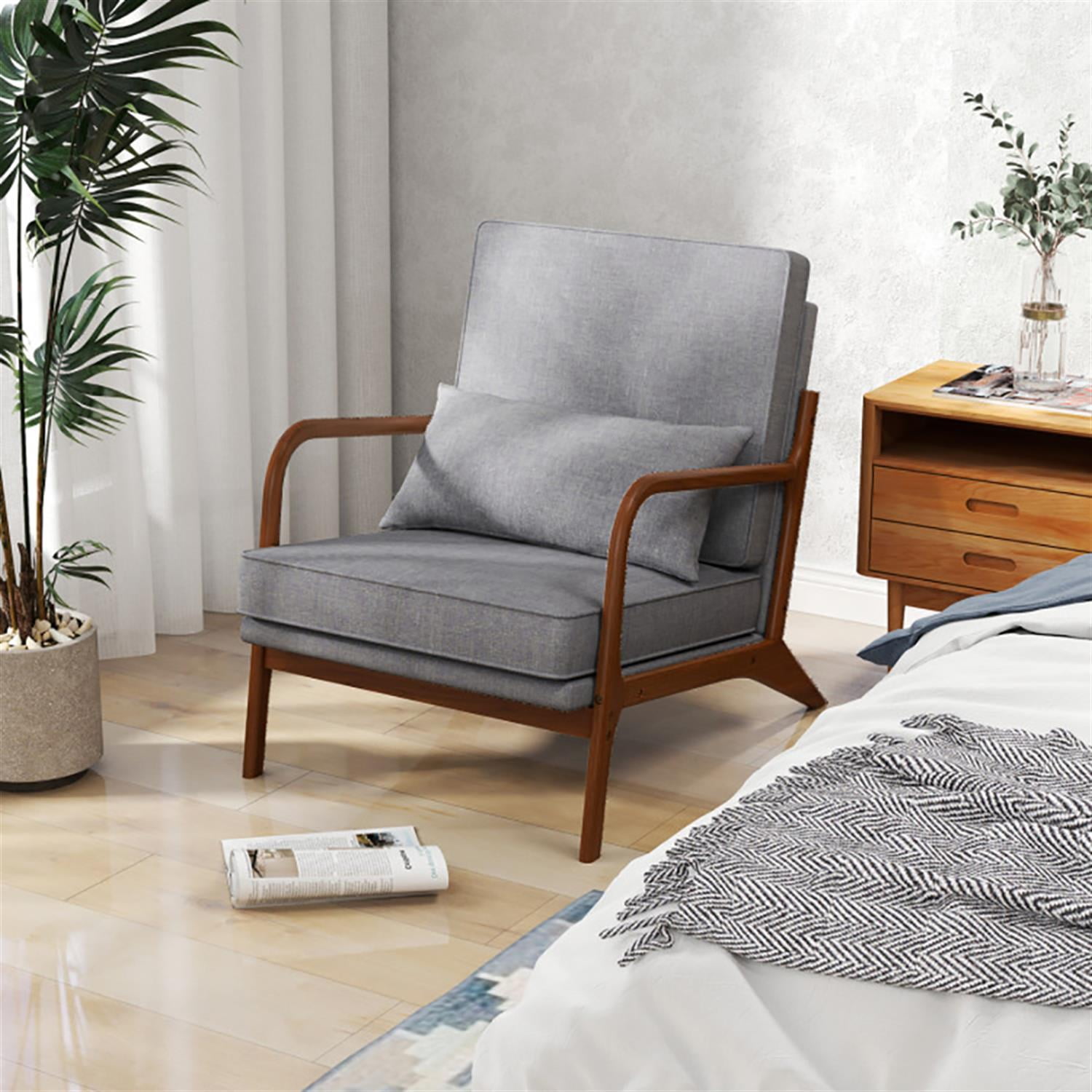 Demi Bonn Modern Accent Chair, Elegant Armchair with Rubber Wood Armrests and Removable Back, Suitable for Living Room Bedroom Reception Room Office, Gray