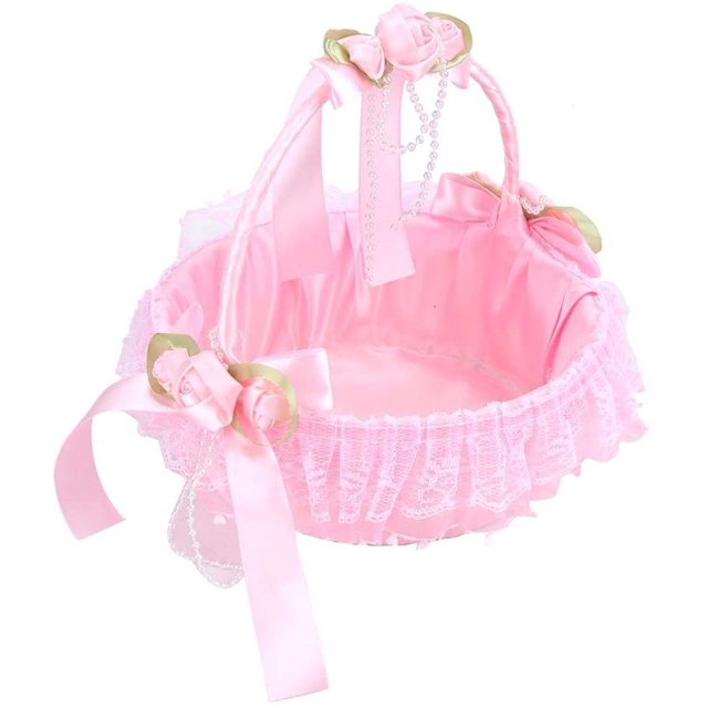 Cesta de flores de boda de encaje de plumas de satén, caja de dulces para boda romántica (rosa)