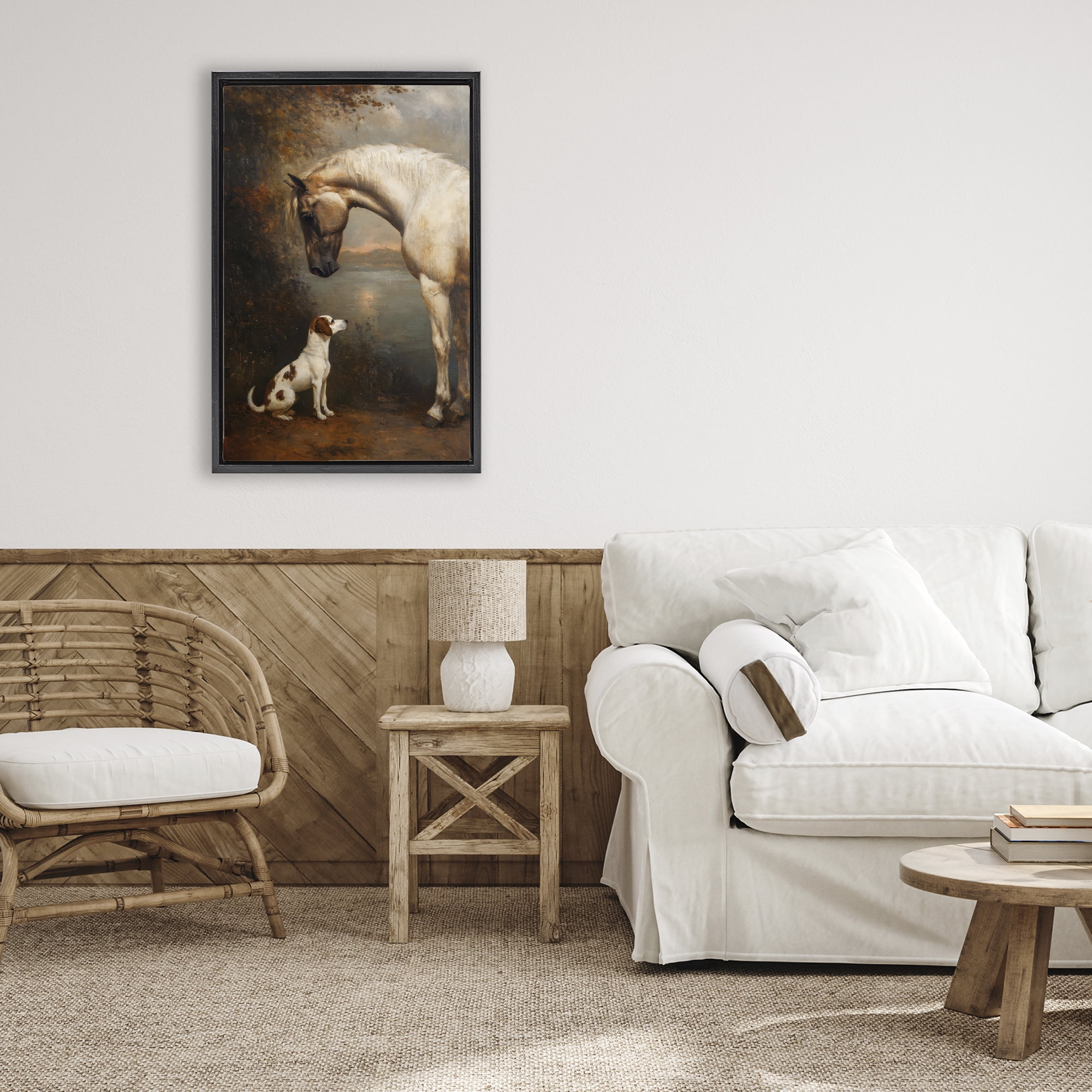 Stupell Industries Hound & Horse Vintage View Black Framed Floater Canvas Wall Art, design by Petal Prints Design