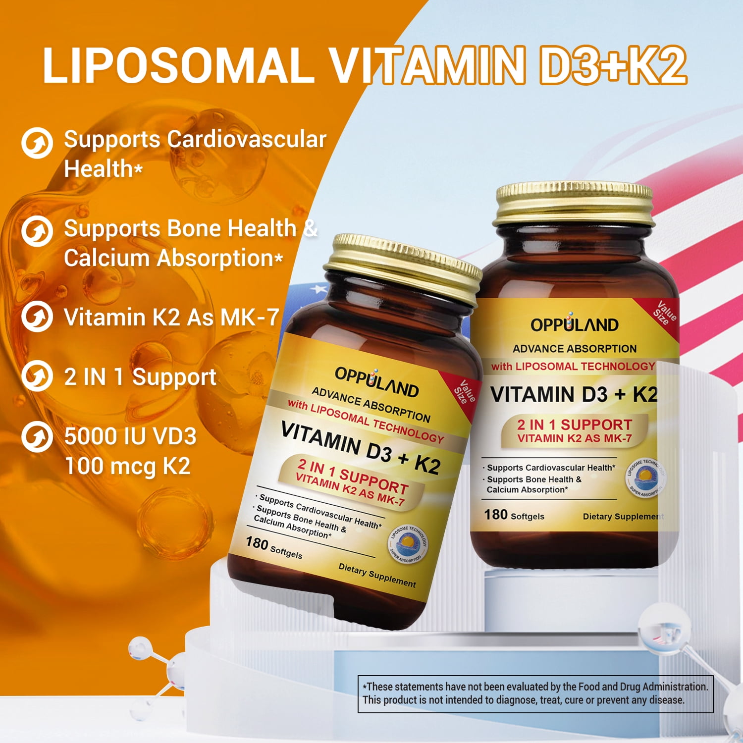 Oppuland 2 in 1 Vitamin D3K2 D3 5000 IU + K2 (MK-7) 100 MCG | 180ct Liposomal Softgels Supporting Bone Health, Calcium Absorption and Heart Health