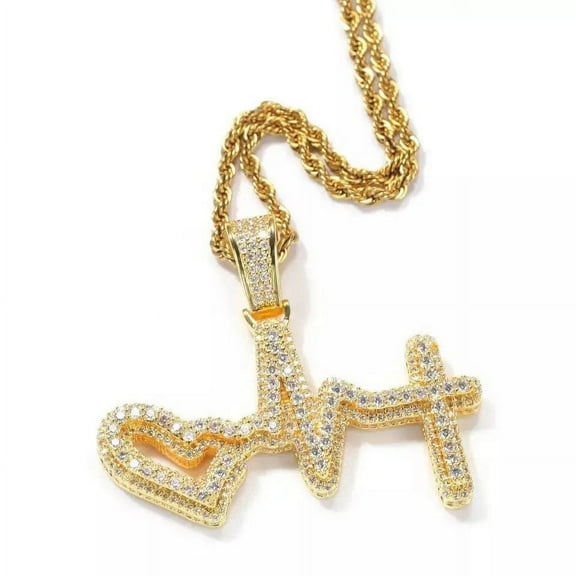 14K Gold Over Finish Simulated Diamond Iced Out Heart Beat Love Anniversary Charm Pendant Necklace, Birthday Gift, Christmas Gift, Easter