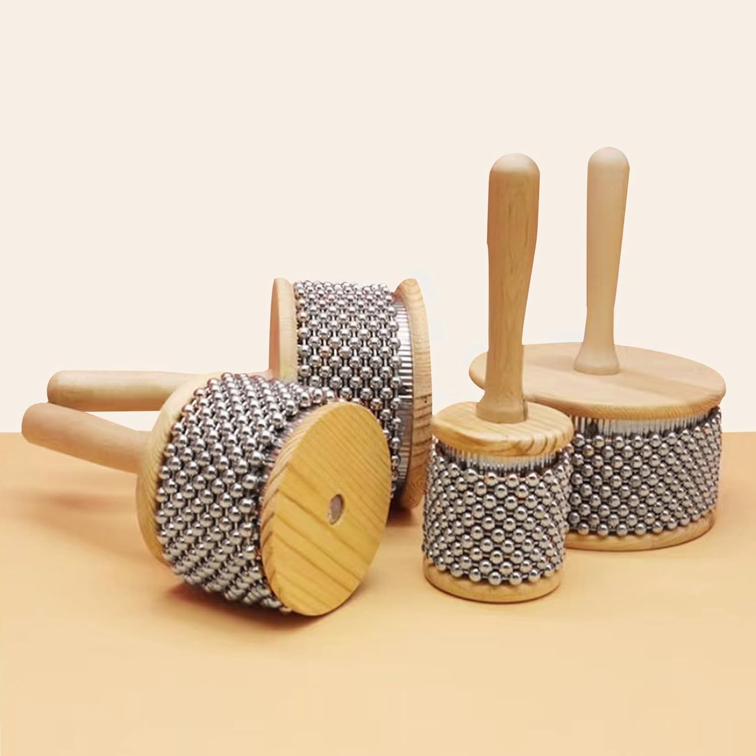 Wooden Hand Cabasa Percussion Instrument: Hand Shaker Pop Cabasa Musical Instrument Shaker with Metal Beads & Cylinder, for Band Music Education, Professional Standard Size (Wood, 4.52")