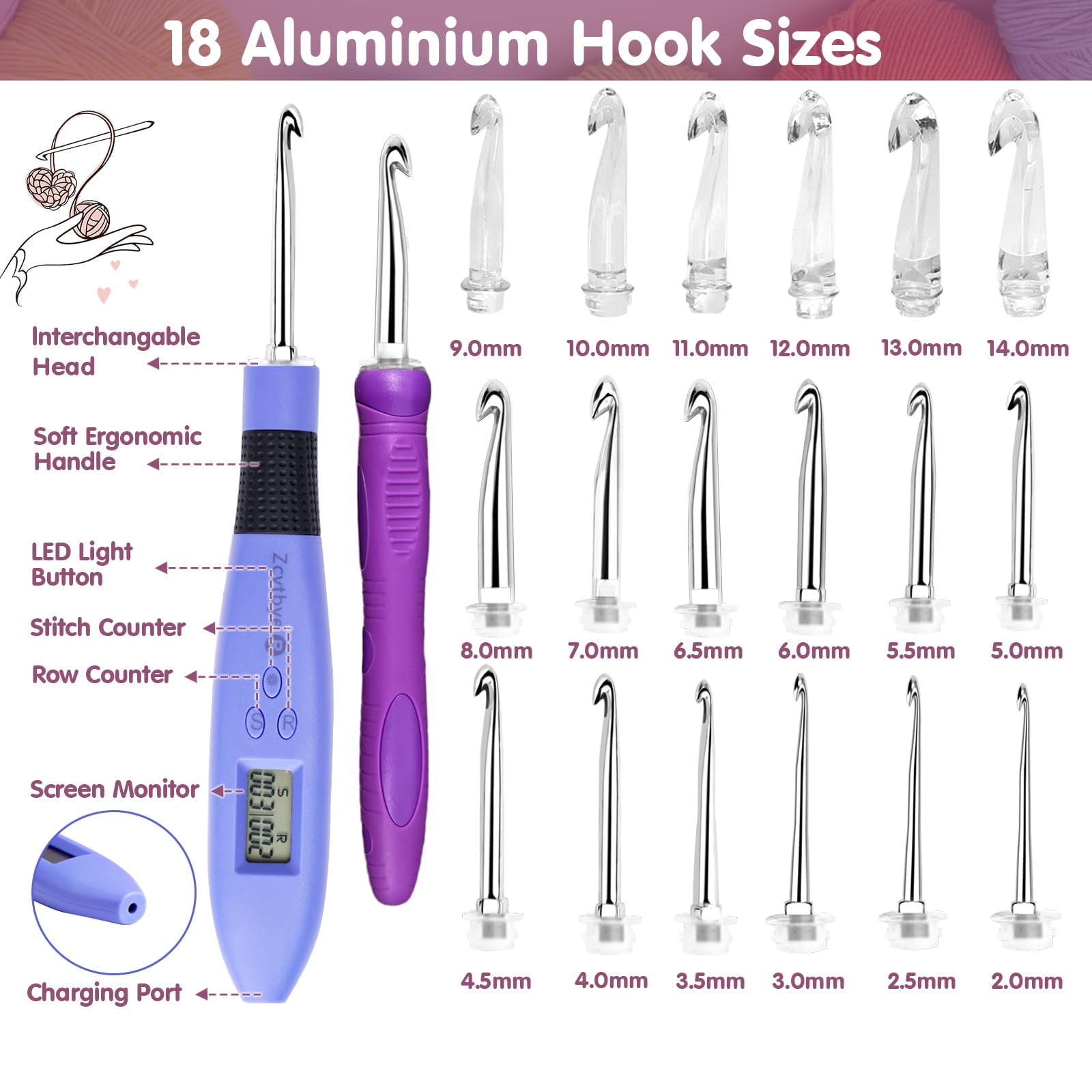18-Size Lighted Crochet Hooks Set with Digital Counter, Rechargeable LED Crochet Hook Kit for Stitch & Row Counting, Ergonomic Crochet Hooks for Beginners & Experts (2.0mm-14.0mm)