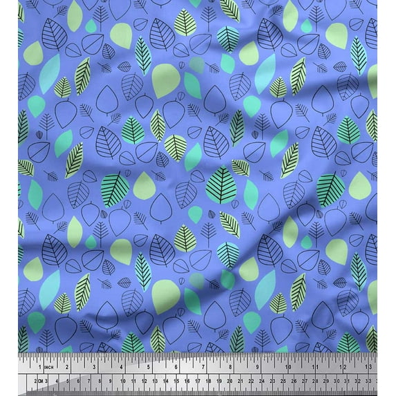 Soimoi Blue Cotton Jersey Fabric Leaves Folk Art Print Fabric by Yard 58 Inch Wide