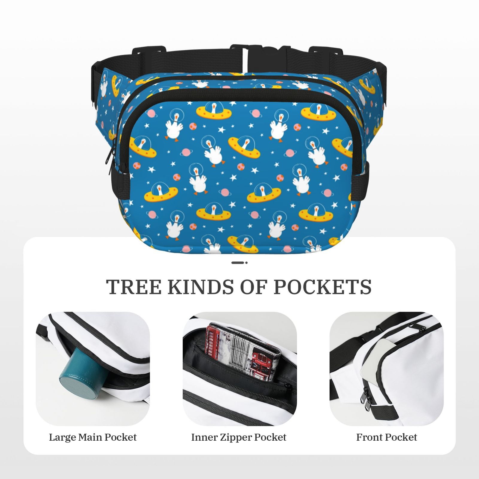 Hirioo Cartoon Goose for Double Layer Waist Bag Adjustable Fanny Pack For Travel Running Hiking