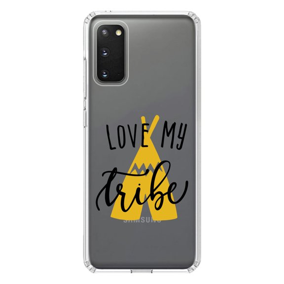 DistinctInk Clear Shockproof Hybrid Case for Galaxy S20 / S20 5G (6.2" Screen) - TPU Bumper Acrylic Back Tempered Glass Screen Protector - Love My Tribe - Yellow Teepee