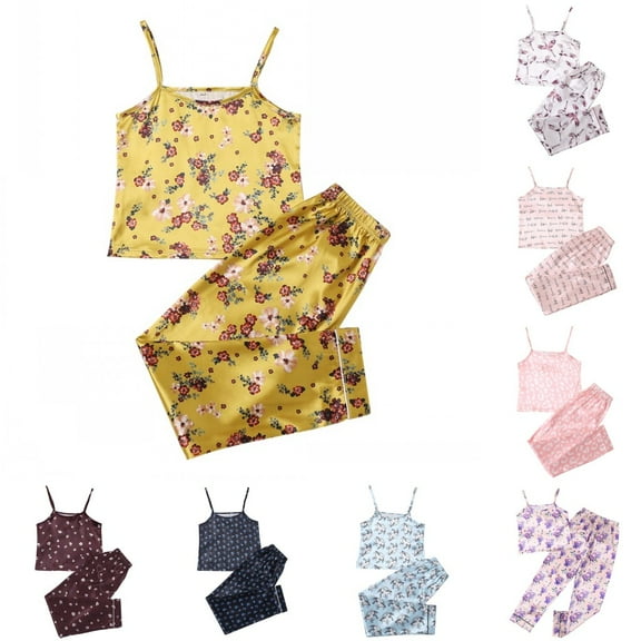 Uccdo 2Pcs Little Girls Satin Silk Pajama Set, Big Girls Summer Clothes Crop Tops Pants Sleepwear, 7-12T