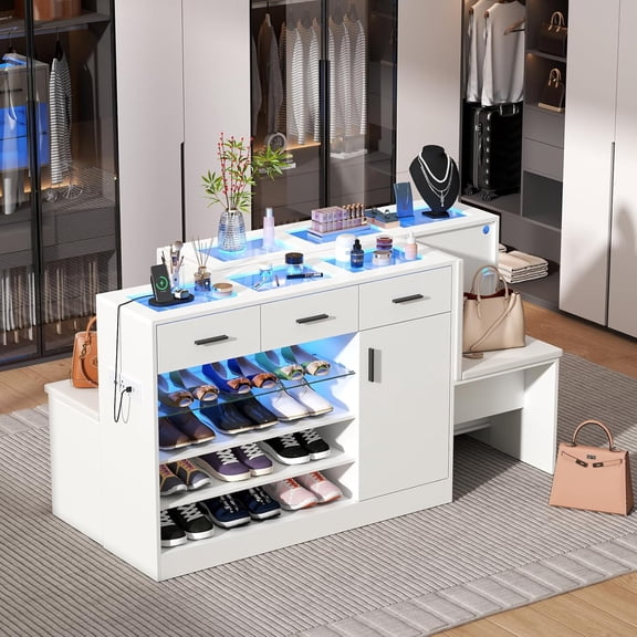 LED Walk-in Closet Wardrobe with Charging Port, Glass Showcase Storage Dresser with 3 Drawers & Dressing Bench for Bedroom Fitting Room
