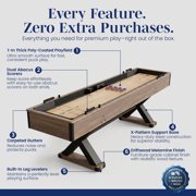 Hathaway Excalibur 9 ft Shuffleboard Table for Family Recreation Rooms - Poly-Coated Playfield, Solid X-Pattern Base - 8 Weighted Pucks, Dual Abacus Scorers, Table Brush, Wax - Driftwood Finish