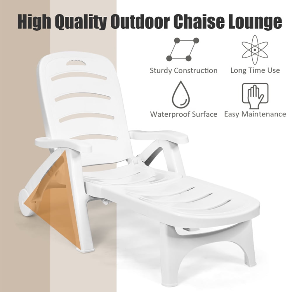 Aimee Lii 5 Position Adjustable Folding Lounger Chaise Chair on Wheels, Patio Loungers, White Aimee Lii 5 Position Adjustable Folding Lounger Chaise Chair on Wheels, Patio Loungers, White