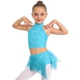 thumbnail image 2 of Doomiva Kids Girls Rhinestone Dance Crop Top and Tassel Feather Briefs Skirt 2 Piece Ballet Gym Latin Jazz Dance Outfit Blue Green 12, 2 of 7