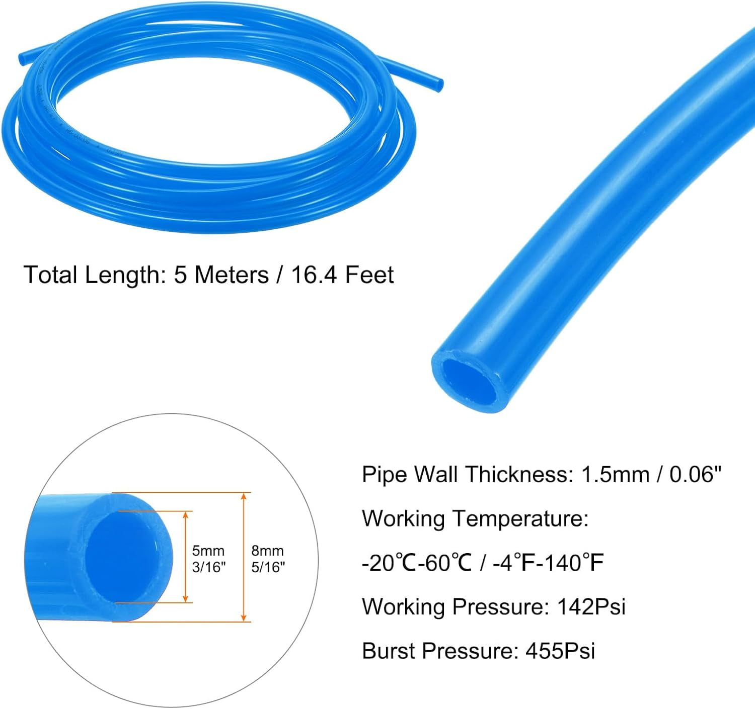 MKEUDQ-Pneumatic Tubing Pipe Pu Hose 8mm OD x 5mm ID 5 Meters(16.4 FT) Air Compressor PU Polyurethane Line Hose Tube for Air Compressor Water Fluid Transfer, Blue