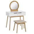 thumbnail image 1 of HOMCOM Coiffeuse avec Miroir Rond et 2 Tiroirs, Table de Maquillage avec Tabouret Rembourré pour Chambre (Bois Naturel), 1 of 10