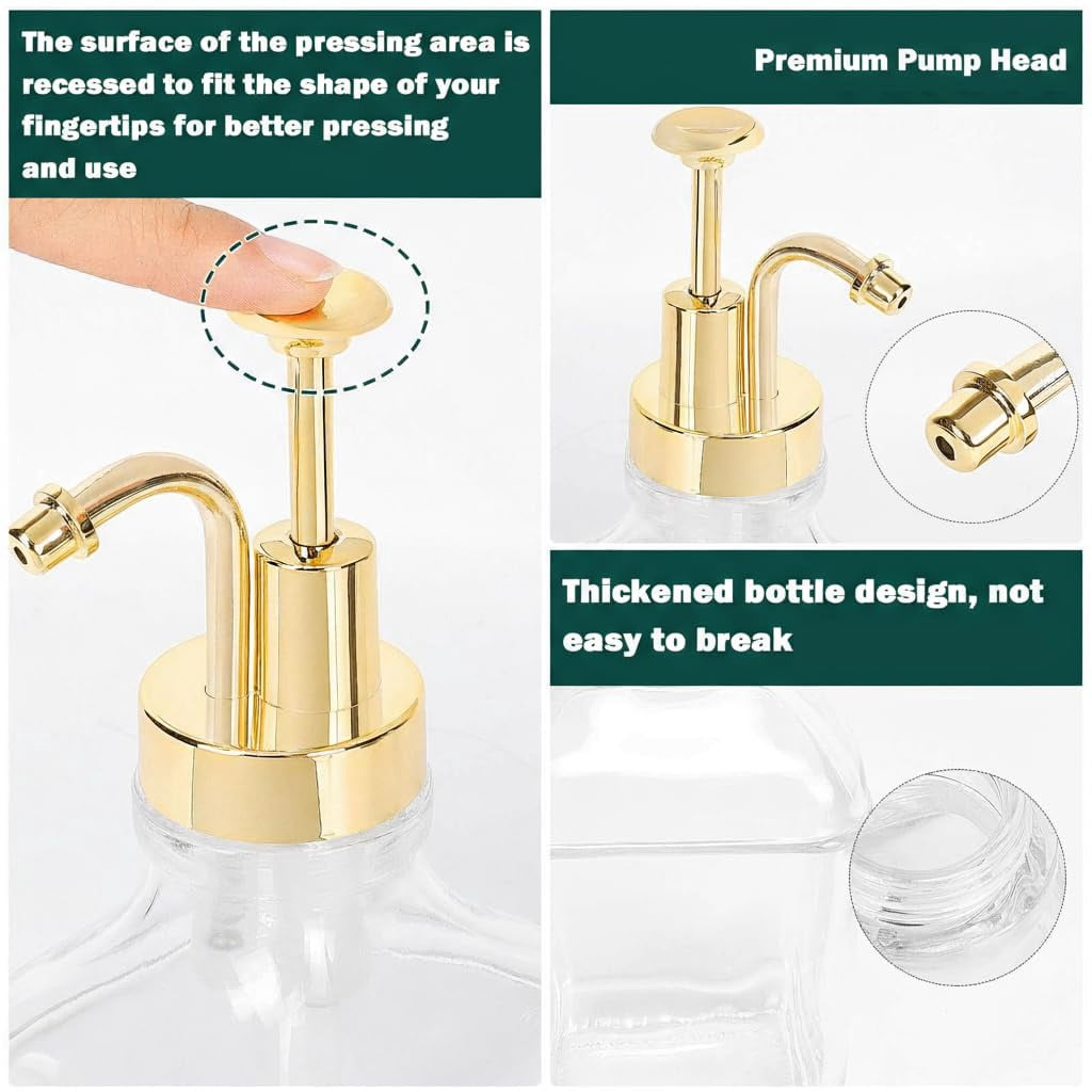 Coffee Syrup Dispenser For Bar  Clear Glass Bottles With Pump Refillable Maple Storage Station Accessories And Organizer 500ml Set Of 2 + Tray (gold)