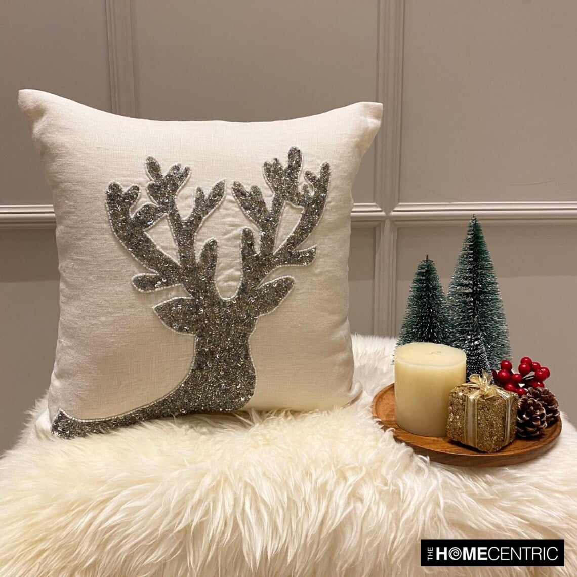 Holiday Decorative Throw Pillow cover, 16"x16" White & Silver Linen Pillowcase, Modern Reindeer Head Christmas Pillow Cover For Sofa Couch, Hotels, living Room, Bed Room - Dazzling Deer
