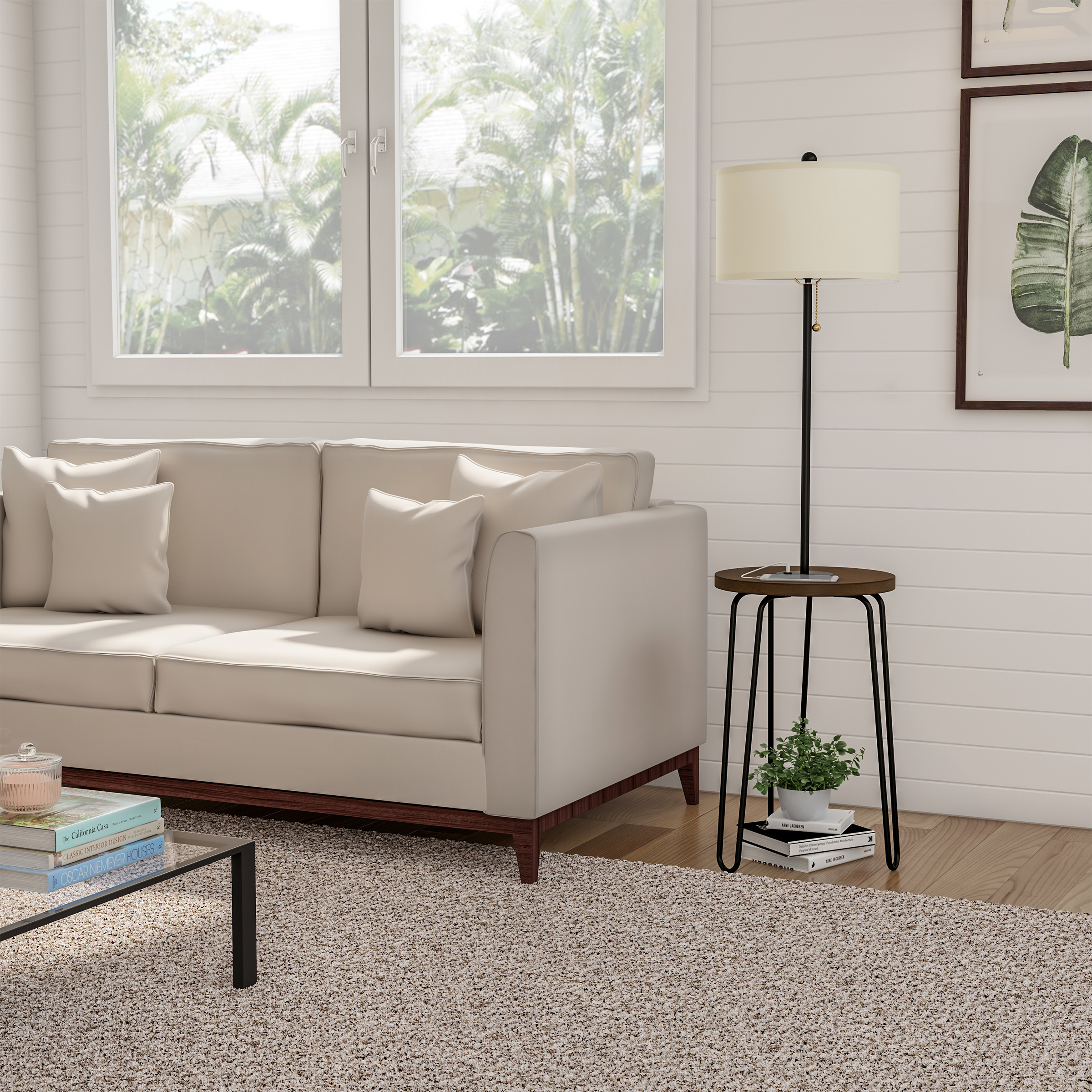 Lavish Home 59-inch Floor Lamp with Table, USB Port, and Hairpin Legs – Standing Light with Shelves