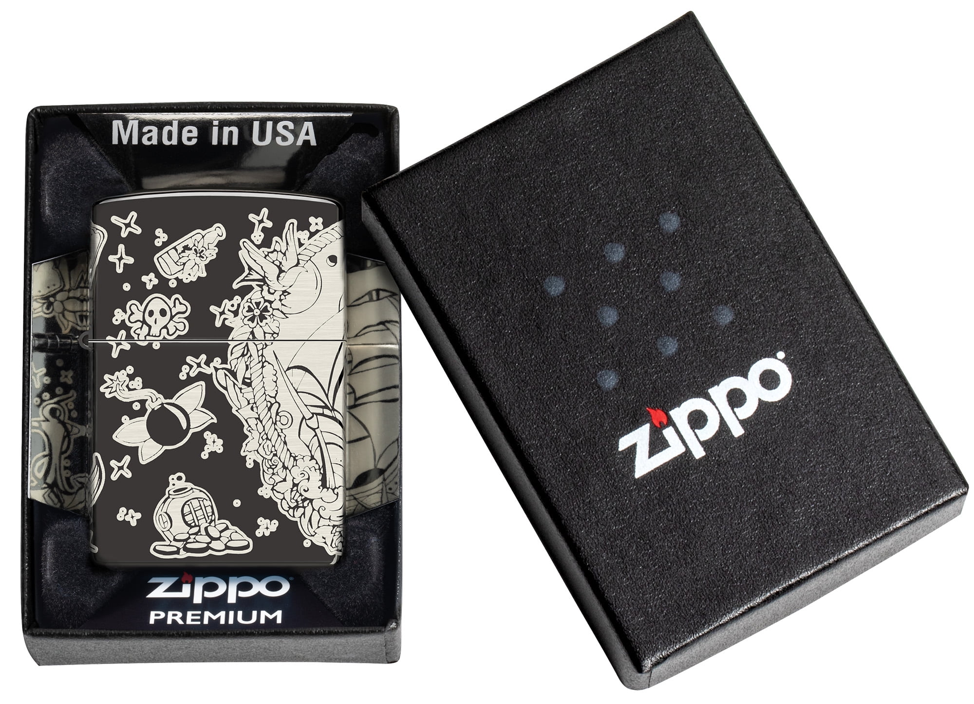 Zippo Laser 360° Pirates Treasure Design High Polish Black Pocket Lighter