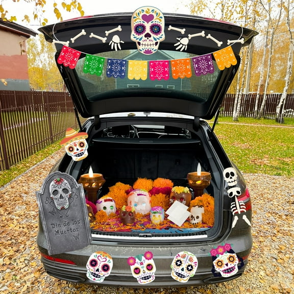 Grobro7 Day Of The Dead Decorations Include Square Pennants Skulls for Car Home Decor Supplies