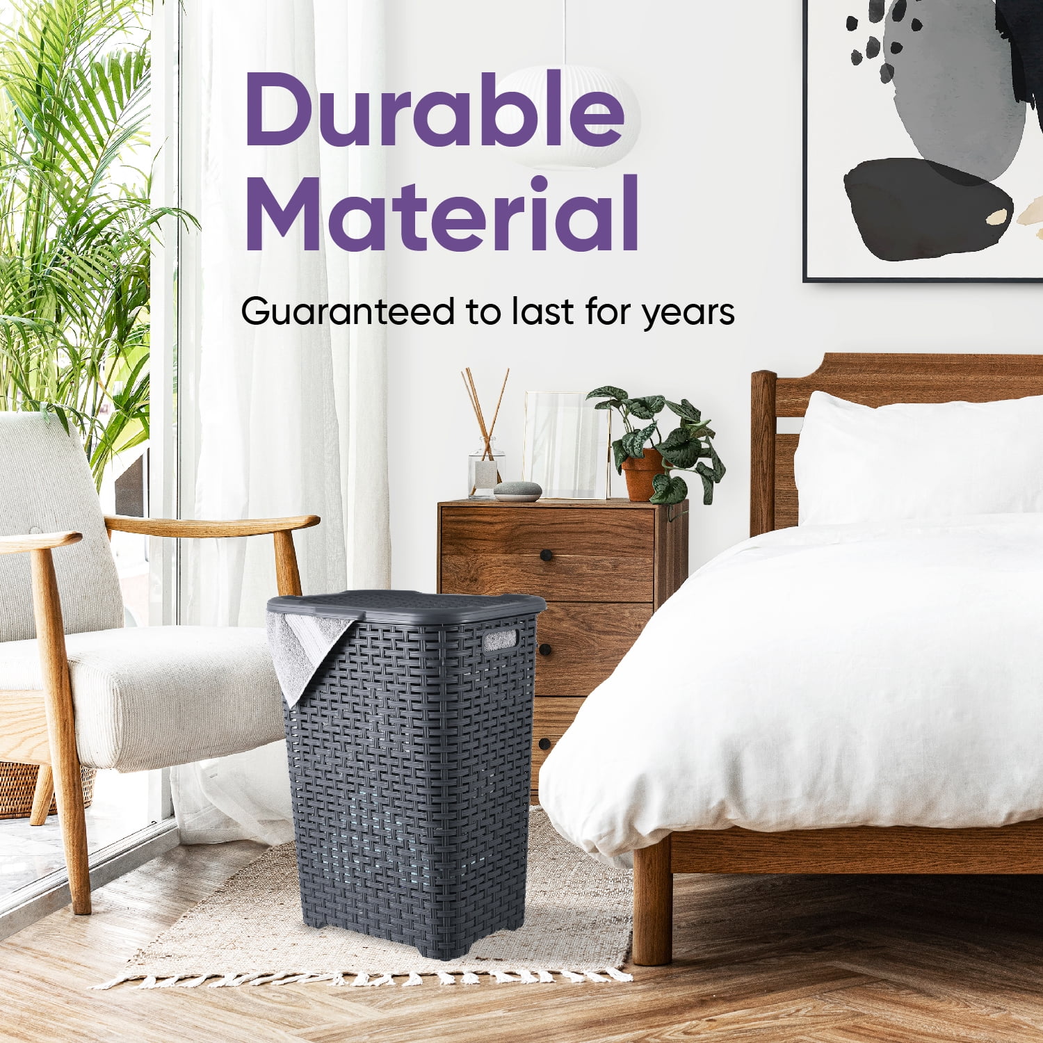 Laundry Basket, Laundry Hamper with Lid, Large 60-liter Wicker Style Hamper with Cutout Handle, to Storage Dirty Clothes in Washroom, Bathroom, Bedroom, or Dorm Room, Grey Color. By Superio