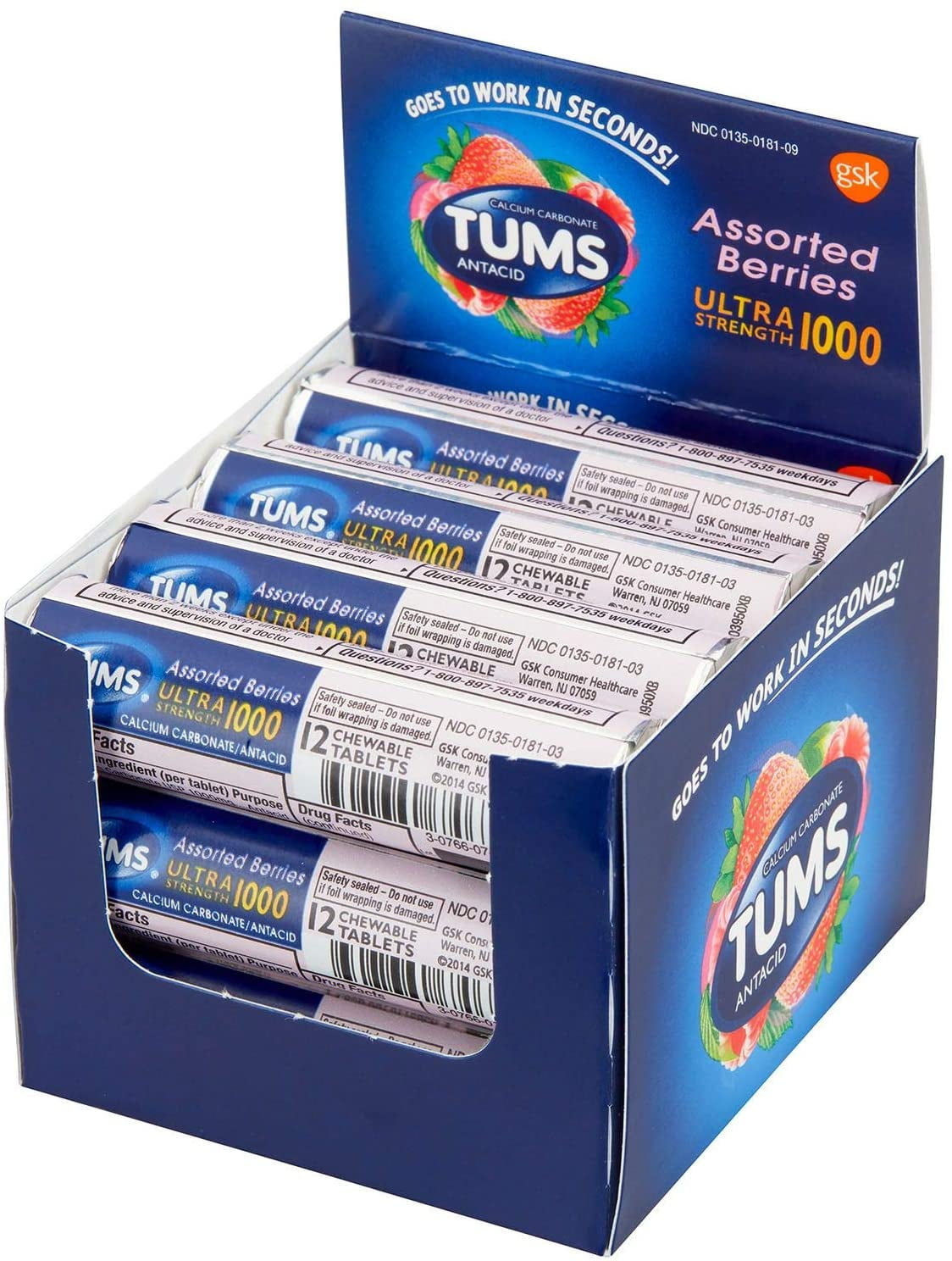 Tums Ultra 1000 Assorted Berries 12 Count x 12 Rolls (144 Count Each