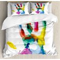 thumbnail image 1 of Watercolor Duvet Cover Set Queen Size, Close Up Colored Human Hand Print on the White Background Pam Artisan Picture, Decorative 3 Piece Bedding Set with 2 Pillow Shams, Multicolor, by Ambesonne, 1 of 3