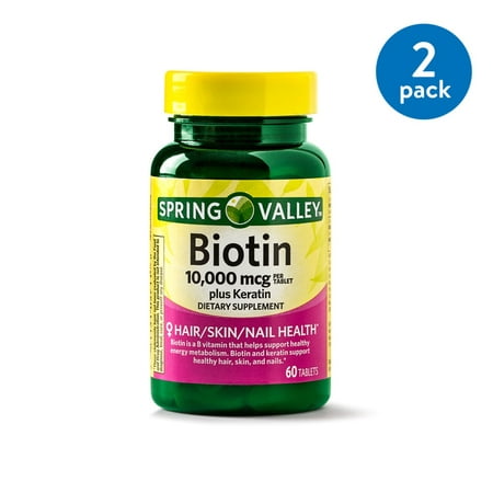 (2 Pack) Spring Valley Biotin Plus Keratin Tablets, 10000 mcg, 60 (Best Biotin Vitamin For Hair Growth)